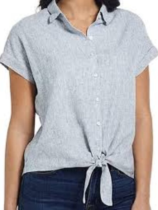 Weatherproof Tops - Weatherproof Blue Vintage Button Up Tie Front Washable Linen Top Size Medium